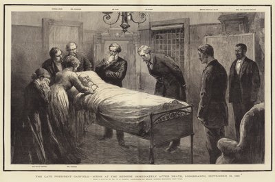 亡くなったガーフィールド大統領、1881年9月19日、ロングブランチ、死直後の傍らでの場面 作： William Allen Rogers